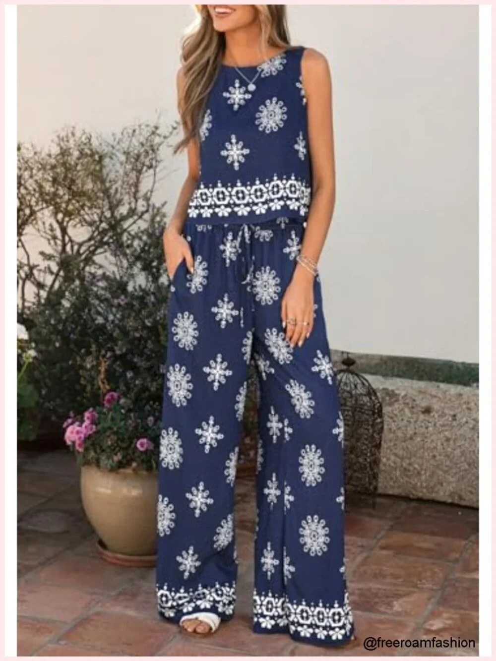Boho 2 Piece Lounge Set - Sleeveless Crop Top & Wide Leg Pants